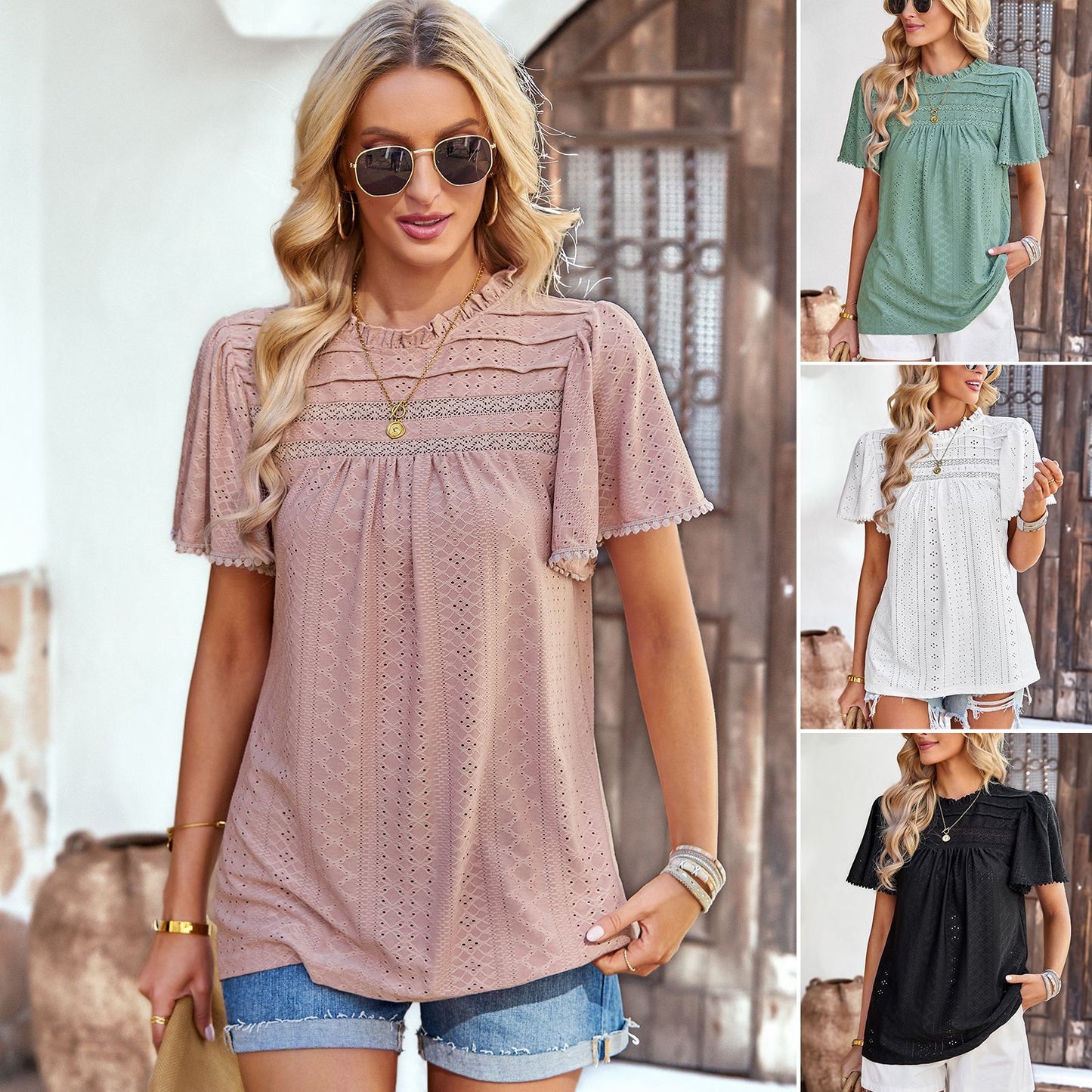 Summer Casual Solid Color Hollow Short Sleeve Round Neck Top