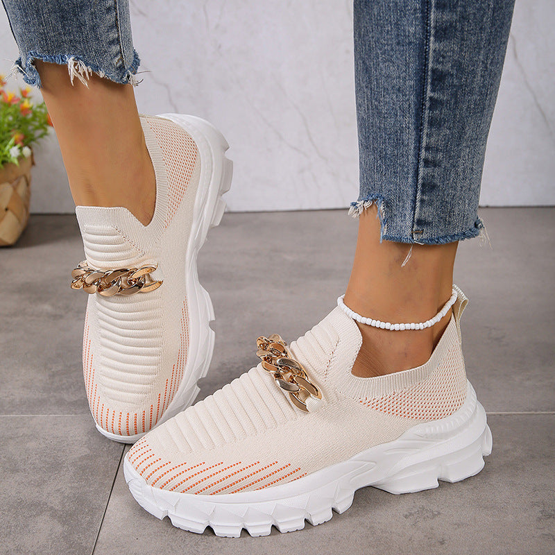 Fashion Chain Design Mesh Shoes For Women Breathable Casual Soft Sole Walking Sock Slip On Flat Shoes