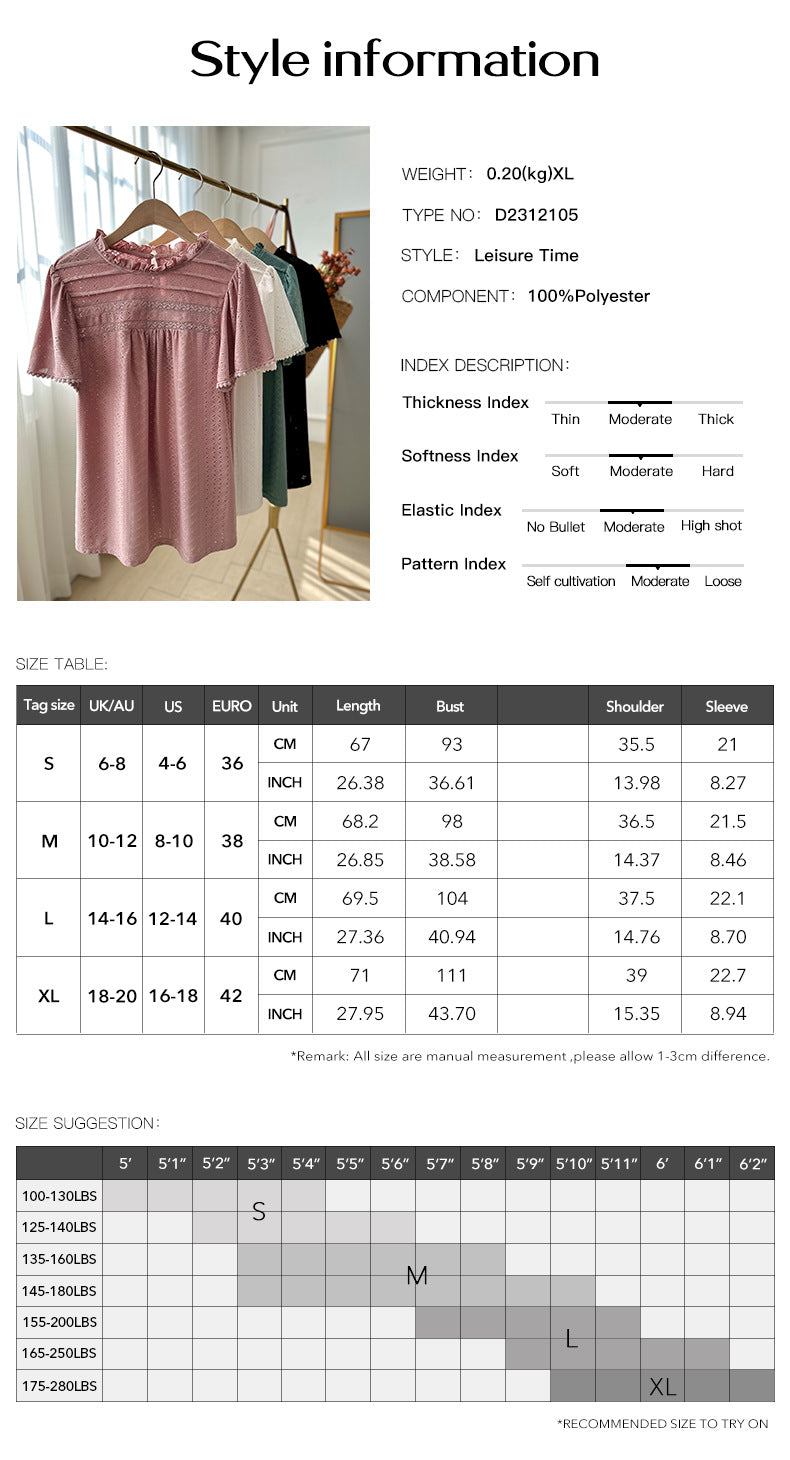 Summer Casual Solid Color Hollow Short Sleeve Round Neck Top