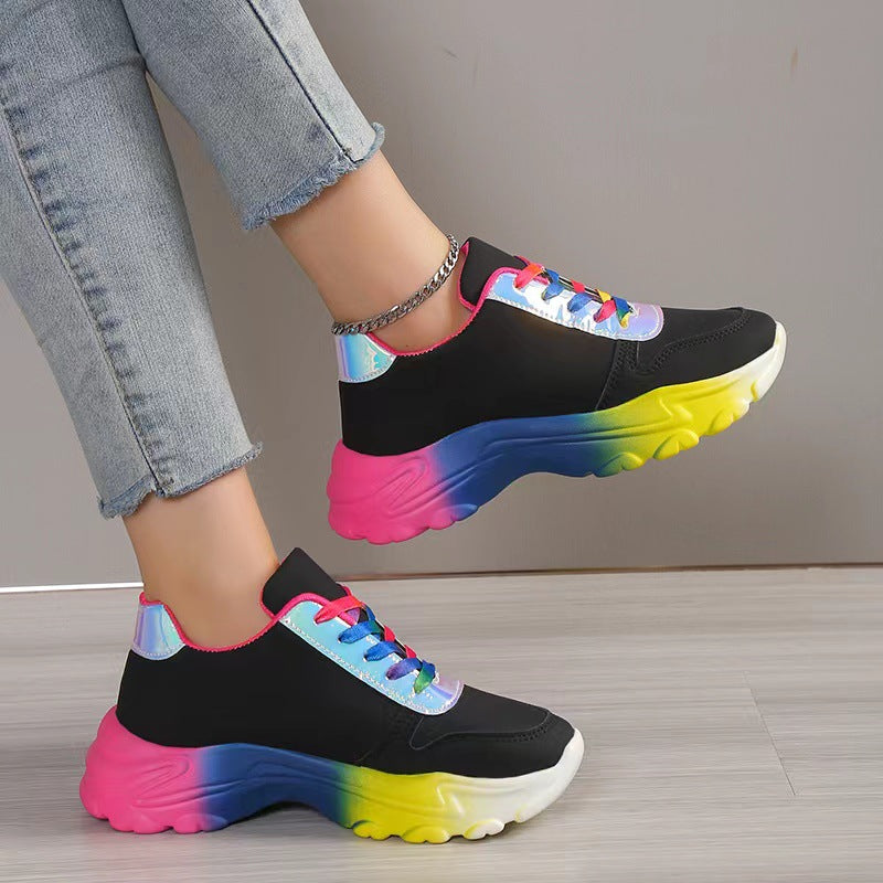 INS Style Rainbow Color Sports Shoes For Women Thick Bottom Lace-up Sneakers Fashion Casual Lightweight Running Walking Shoes