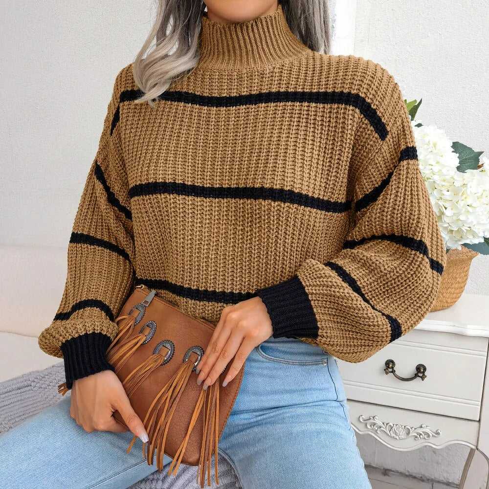 Striped Print Knitted Sweater for Women with Semi Turtleneck and Long Lantern Sleeves