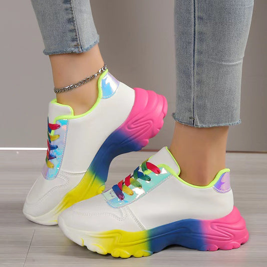 INS Style Rainbow Color Sports Shoes For Women Thick Bottom Lace-up Sneakers Fashion Casual Lightweight Running Walking Shoes