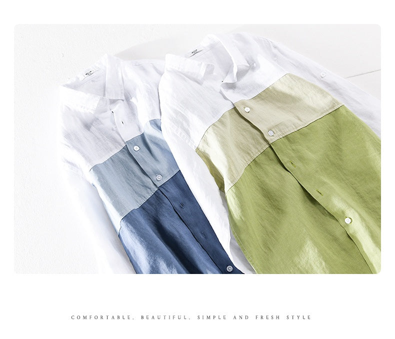 Men's Linen Leisure Color Matching 34 Sleeve Shirt