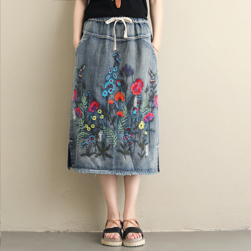 Plus Size Ethnic Style Denim Heavy Embroidery Skirt