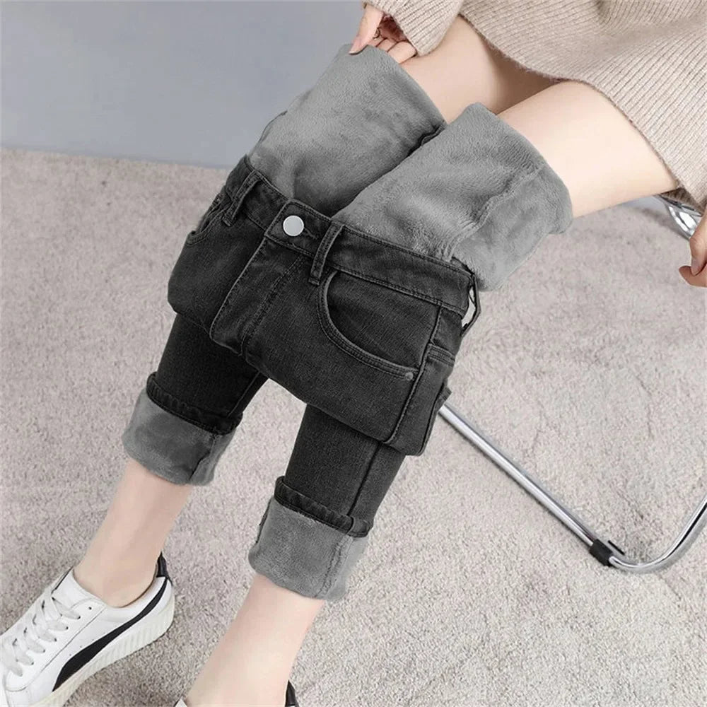 Women's Mid-Waist Skinny Thermal Jeans for Winter