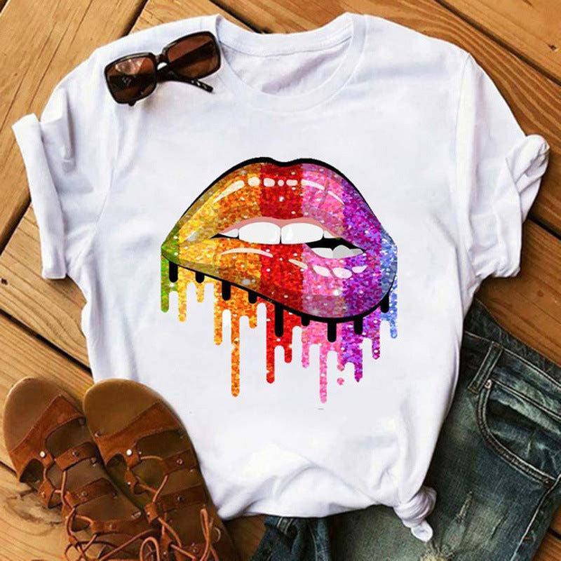 Women's Lip Colorful White With Printed Pattern Short Sleeve