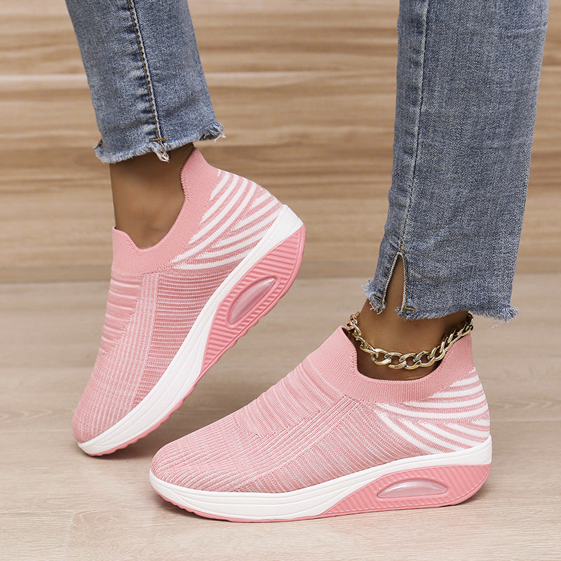 New Stripe Design Mesh Shoes Fashion Slip On Air Cushion Shoes Breathable Round-toe Flats Women