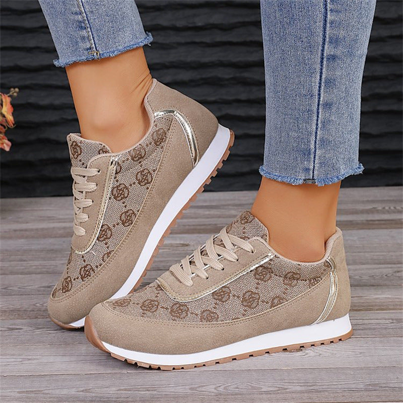 Flower Print Lace-up Sneakers Casual Fashion Lightweight Breathable Walking Running Sports Shoes Women Flats