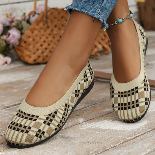 Fashion Plaid Print Flats Shoes New Fashion Casual Breathable Slip On Round-toe Mesh Shoes For Women
