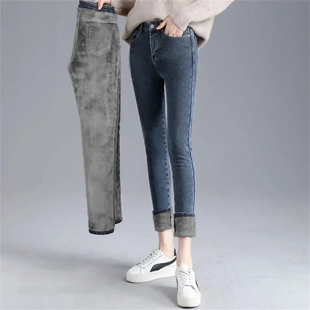 Women's Mid-Waist Skinny Thermal Jeans for Winter