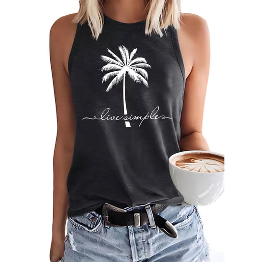 Coconut Tree Printed Crew Neck Casual Sleeveless T-shirt Women's Vest