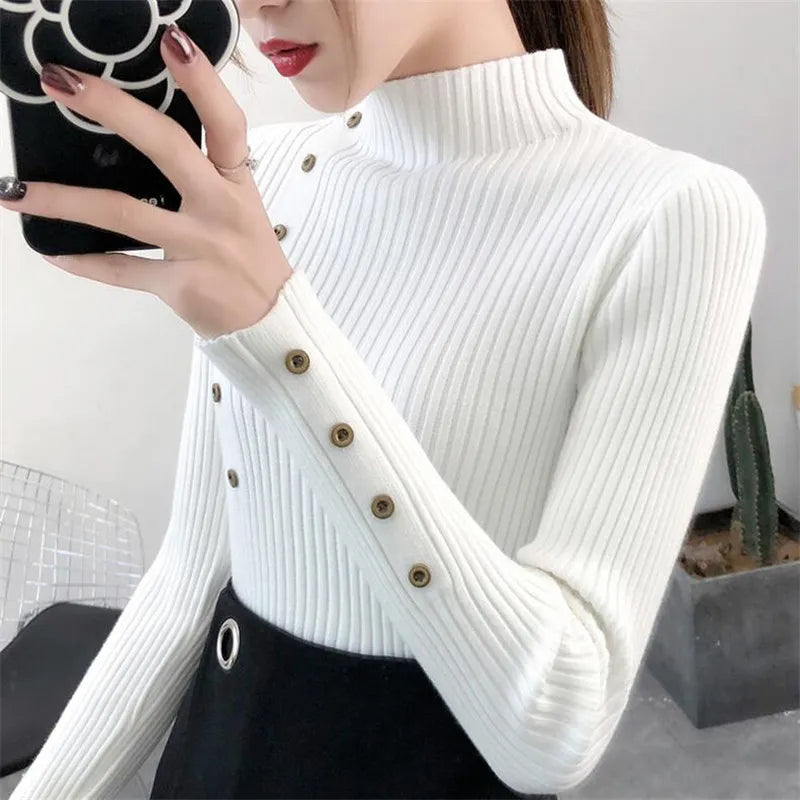 Autumn Women's Slim Knitted Sweaters: Solid Color, Soft Cotton Blend