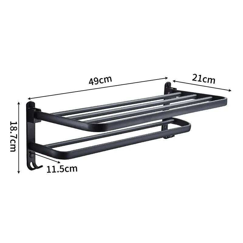 Wall-Mounted Matte Black Aluminium Towel Rack with 50CM Folding Holder and Hook