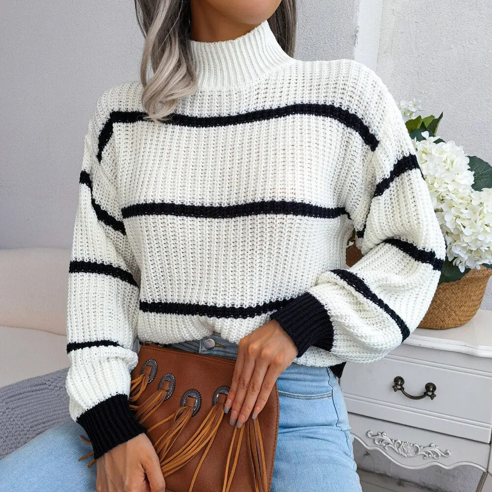 Striped Print Knitted Sweater for Women with Semi Turtleneck and Long Lantern Sleeves