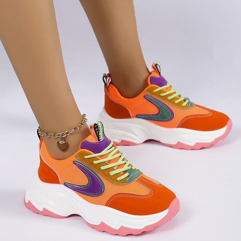 Mixed-color Lace -up Sneakers For Women Fashion Casual Lightweight Thick Bottom Running Sports Shoes