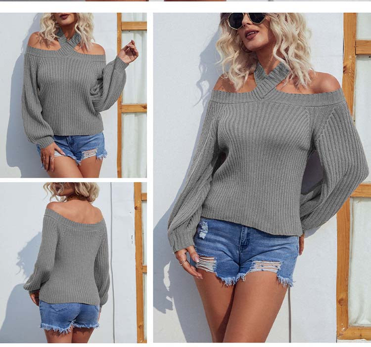 Knitted Off-Shoulder Sweater for Autumn and Winter Seasons