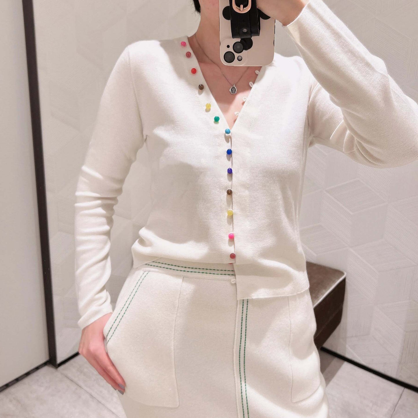 V-neck White Wool Cardigan 24 Years Spring New Rainbow Buckle Knitted Coat Elegant Sweater