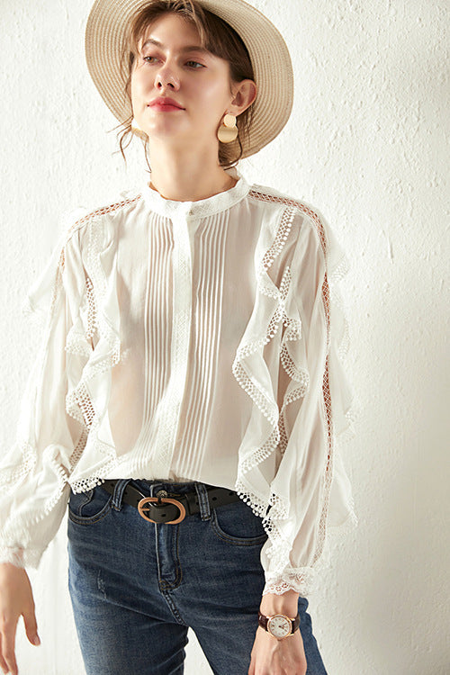 French Linen Elegant Wooden Ear Belly Covering Slimming Loose All-match Lace Sense Of Design Shirt