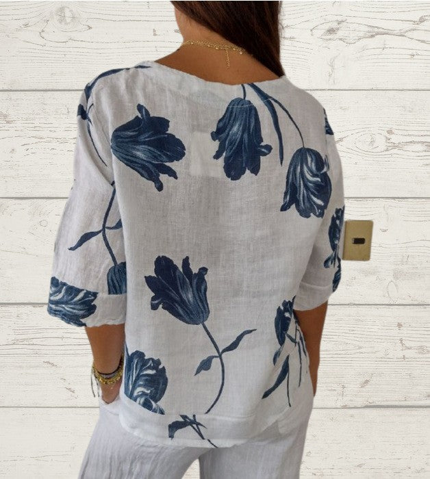 Pattern Print Cotton And Linen V-neck Short Sleeve Pullover Shirt