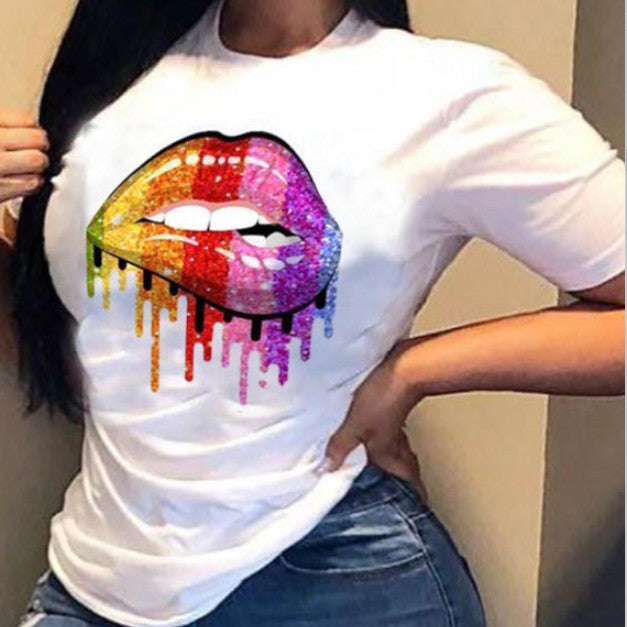 Women's Lip Colorful White With Printed Pattern Short Sleeve