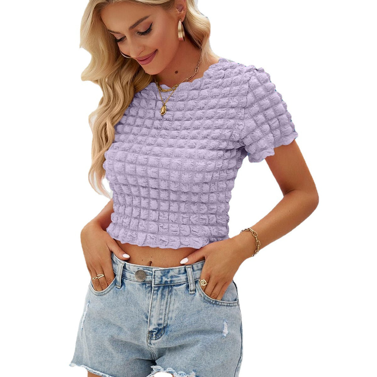 Street Sexy Popcorn Cropped Hot Girl Short Sleeve Top