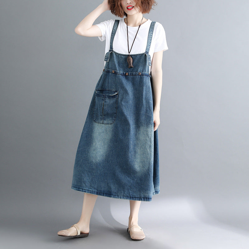 Summer Denim Suspender Skirt Loose Slimming Long