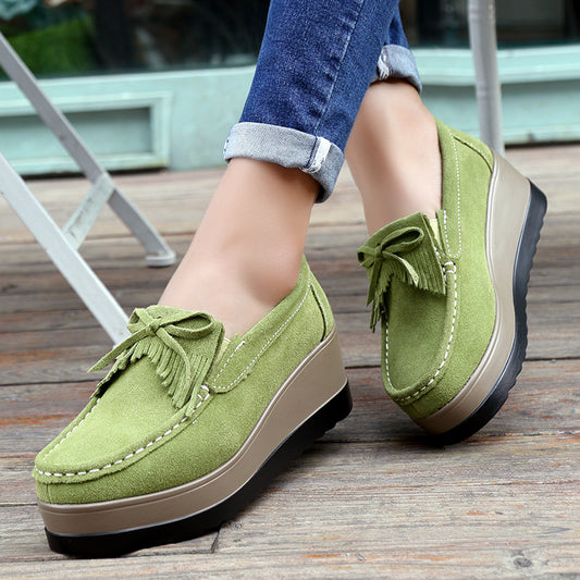 New Tassel Bow Design Shoes For Woman Fashion Thick Bottom Wedges Shoes Casual Slip On Solid Color Flats
