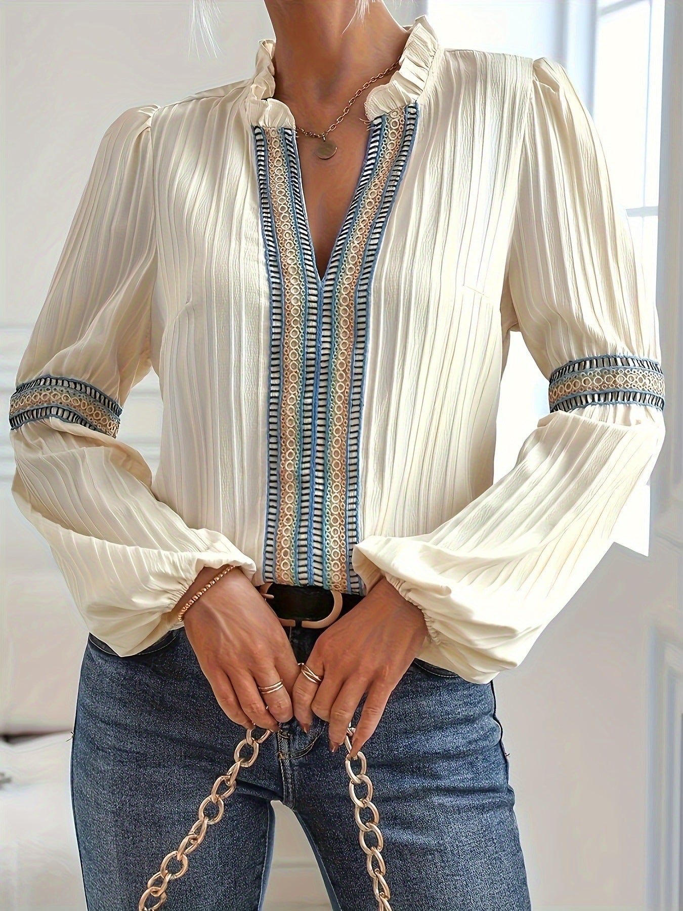 Lantern Sleeve Loose And Simple Plain Lace V-neck Patchwork Shirt